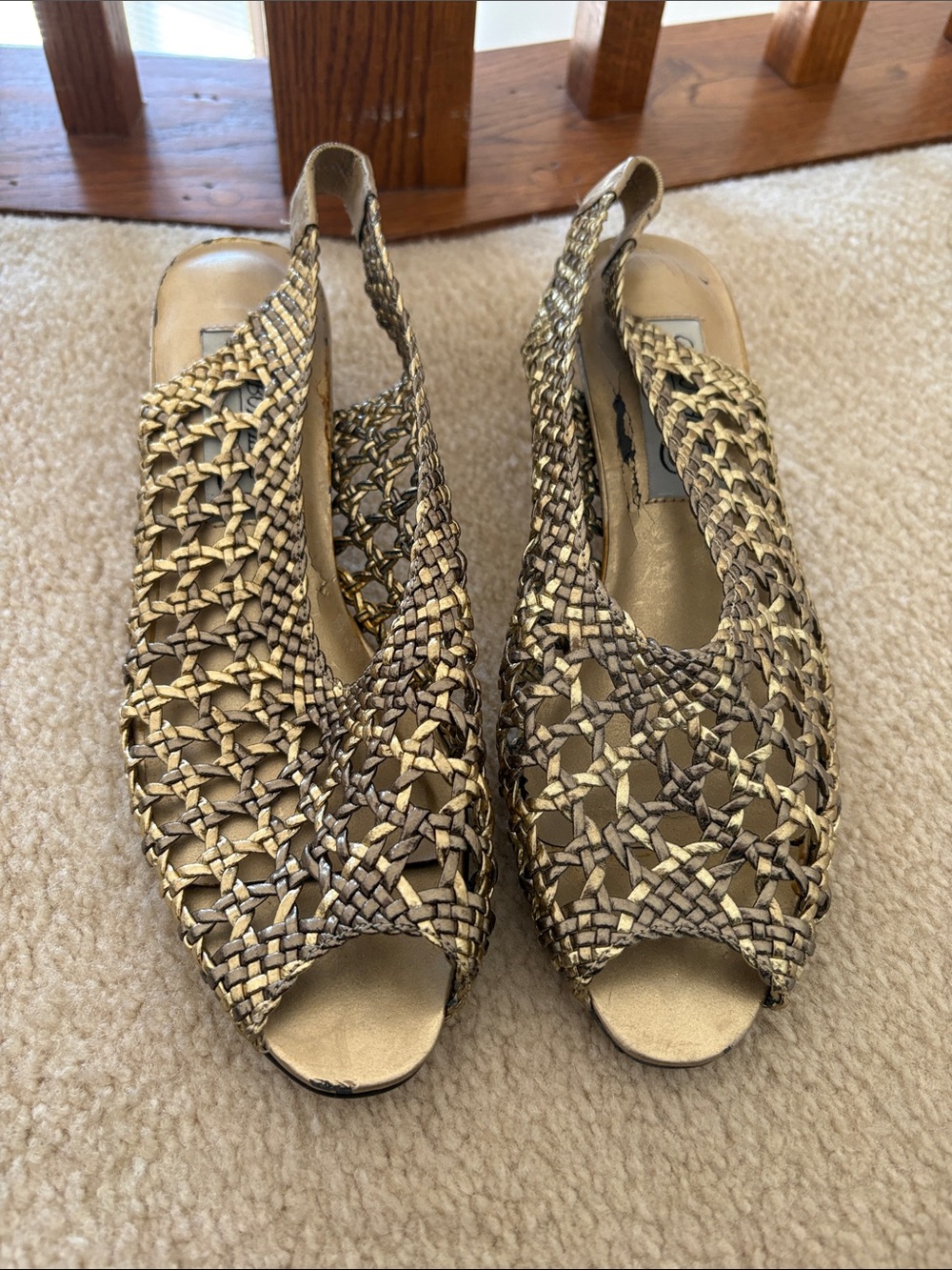 Woven Metallic Peep-Toe Slingback Heels - Gold